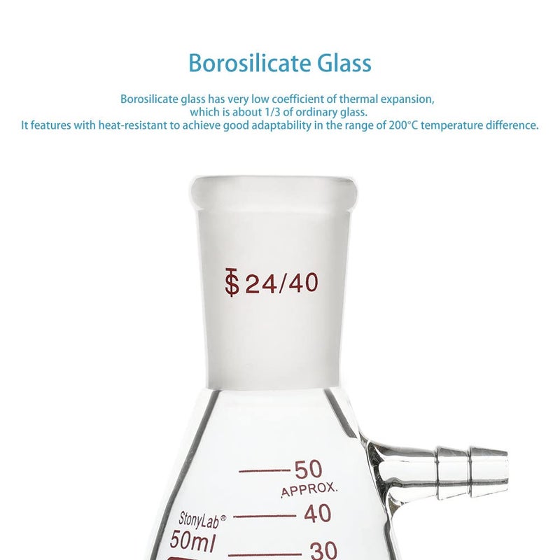 stonylab Filtering Flask with 24/40 Standard Taper Outer Joint, Heavy Wall Borosilicate Glass Filter Flask, Bolt Neck with Tubulation, 50 ml - Image 3